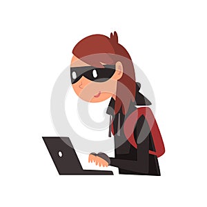 Female Hacker in Black Mask Stealing Information From Laptop, Internet Crime, Computer Security Technology Cartoon