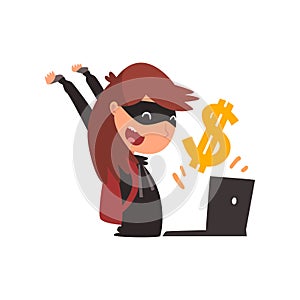 Female Hacker in Black Mask Stealing Money Using Laptop, Internet Crime, Computer Security Technology Cartoon Vector