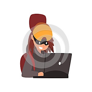 Female Hacker Stealing Information From Laptop, Internet Crime, Computer Security Technology Cartoon Vector Illustration