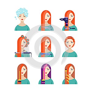 Female hair salon services, vector flat illustration. Beautiful woman in hairdressing. Beauty stylist concept