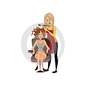 Female hairdresser making hairstyle using curling iron to young woman, professional hair stylist at workplace cartoon