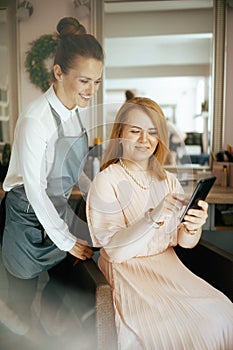 female hairdresser in modern beauty salon with client