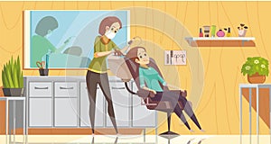 A female hairdresser wearing face mask and haircut client, making haircut using metal scissors and comb. New Normal conaept.