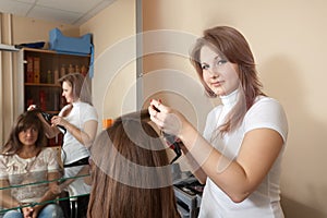 Female hairdresser works on hair in salon