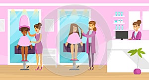 Female Hairstylist or Hairdresser Cutting and Doing Hair Vector Illustration