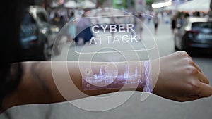 Female hand activates hologram Cyber attack