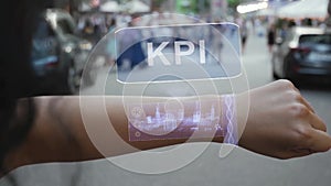 Female hand activates hologram KPI