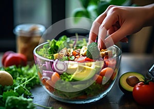 Female hand adding broccoli to summer fresh vegetarian salad with healthy vegetables on kitchen background.Macro.AI Generative