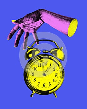 Female hand and alarm clock over blue background. Time management. Contemporary art collage.