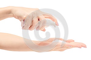 Female hand antiseptic hand foam