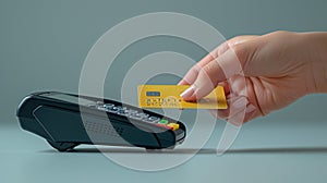 Female hand applying a bank card to payment terminal