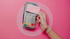 Female hand applying a bank card to payment terminal