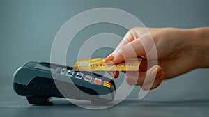 Female hand applying a bank card to payment terminal