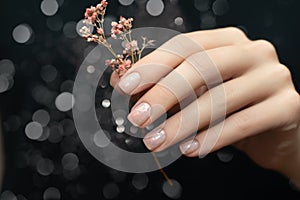 Female hand with beige nail design. Glitter beige nail polish manicure. Woman hand hold pink flower on black background