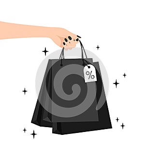 A female hand with a black manicure holding black packages on a white background. Black friday concept. Vector illustration