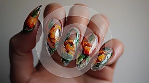 Female hand with bright orange and green manicure holds a colorful flower, Generative AI illustrations