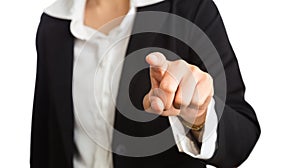 Female hand of business woman pointing finger at camera