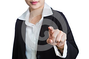 Female hand of business woman pointing index finger at viewer