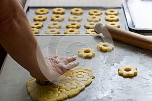 Female hand cutting biscuits from the dough