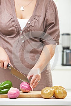 Female hand cutting onion