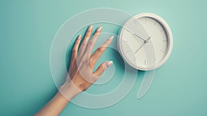 Hand Reaching for Wall Clock.AI generated image