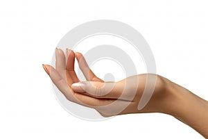 Female hand with French manicure isolated on white background. A graceful gesture, asks, gives. Mockup for creams or other items