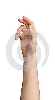 Female hand gesture concept. , white background. Hand showing abstract symbol, communication