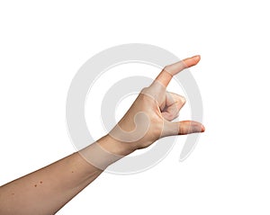 Female hand gesture isolated on white background. Showing invisible object, palm open. Concept of