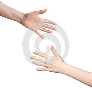 Female hand gestures, white background. Palm and fingers in dorsal view, showing signs, nonverbal photo