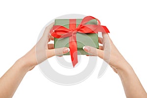 Female hand give present box, crop, cut out