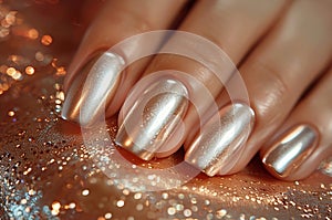 Female hand with gold manicure on background with sparkles close-up.