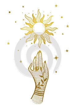 Female hand and golden sun with stars, vintage boho design for palmistry and astrology. Vector line illustration, oriental art,