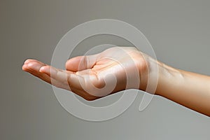 Female hand on gray background. Close up of female hand gesturing