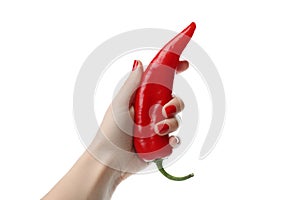 Female hand hold chili pepper, isolated on white background