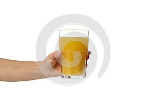 Female hand hold glass of orange juice, isolated on white background