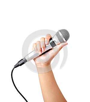 Female hand hold microphone isolated on white.