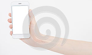 Female hand hold mobile phone isolated on white, woman holding phone with empty display,blank screen,touching