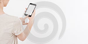 Female hand hold mobile phone isolated on white, woman holding phone with empty display,blank screen,touching