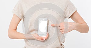 Female hand hold mobile phone isolated on white, woman holding phone with empty display,blank screen,touching