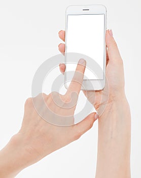 Female hand hold mobile phone isolated on white , woman holding phone with empty display,blank screen,touching