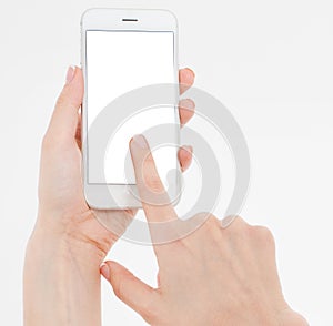 Female hand hold mobile phone isolated on white, woman holding phone with empty display,blank screen,touching