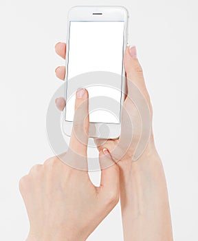 Female hand hold mobile phone isolated on white, woman holding phone with empty display,blank screen,touching