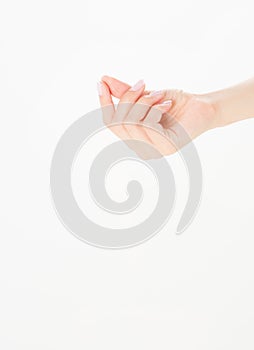 Female hand hold something, isolated on white, woman`s palm making gesture while showing small amount of something on white