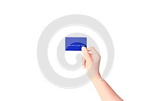 Female hand holding a bank card isolated on white background