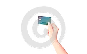 Female hand holding a bank card isolated on white background