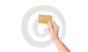 Female hand holding a bank card isolated on white background