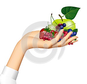 Female hand holding berries and fruits on the palm isolated on white