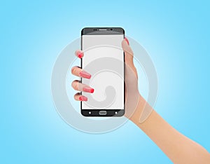 Female hand holding black cellphone with white screen 3d render on blue gradient