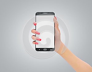 Female hand holding black cellphone with white screen 3d render on grey gradient