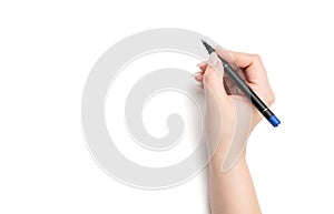 Female hand holding a black marker pen drawing, isolated on white background.